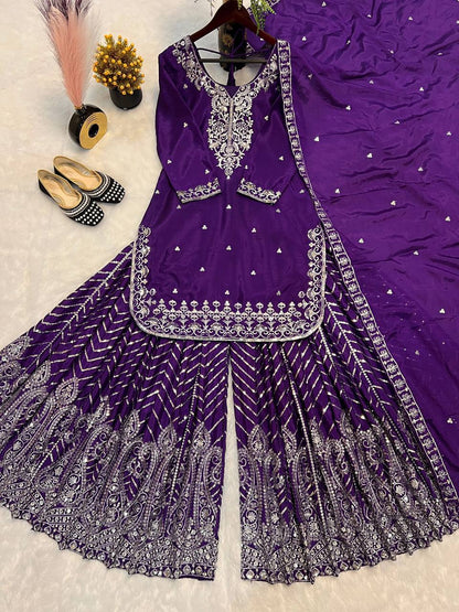 Ethnic Heavy Embroidered Chinon Silk Suit with Fancy Borders & Sharara Plazzo