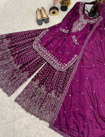 Ethnic Heavy Embroidered Chinon Silk Suit with Fancy Borders & Sharara Plazzo