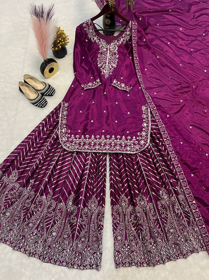 Ethnic Heavy Embroidered Chinon Silk Suit with Fancy Borders & Sharara Plazzo