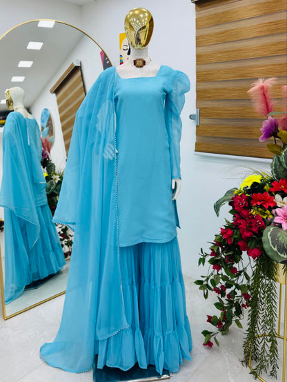 Pure Crepe Silk Embroidered Top Palazzo Dupatta Set for Parties