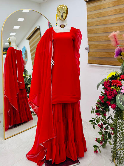 Pure Crepe Silk Embroidered Top Palazzo Dupatta Set for Parties