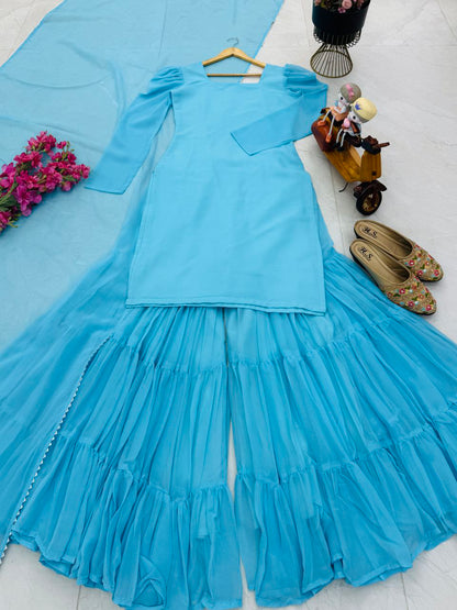 Pure Crepe Silk Embroidered Top Palazzo Dupatta Set for Parties