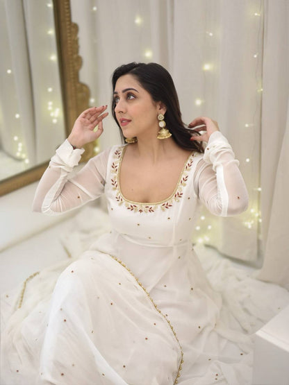 Designer Gown & Dupatta Set – Embroidered Faux Georgette Perfection
