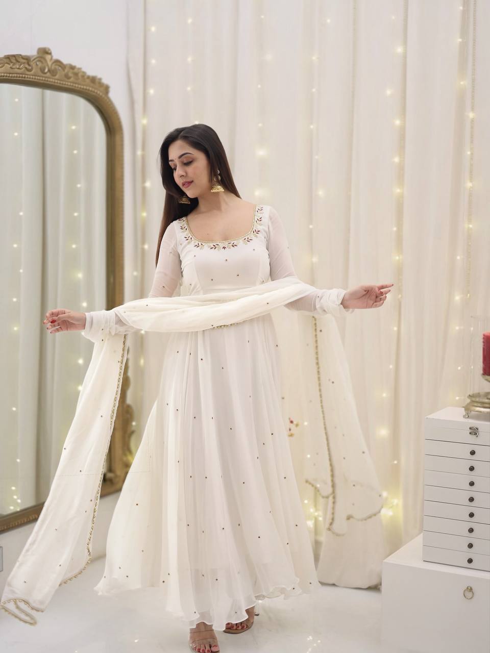Designer Gown & Dupatta Set – Embroidered Faux Georgette Perfection