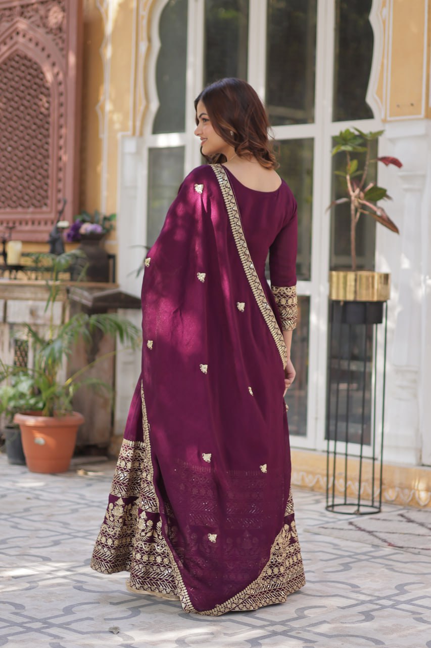Shimmer Vichitra with Rich Sequins Embroidered work Classic Dark Peach Color
