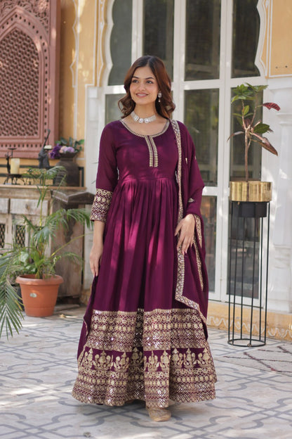 Shimmer Vichitra with Rich Sequins Embroidered work Classic Dark Peach Color