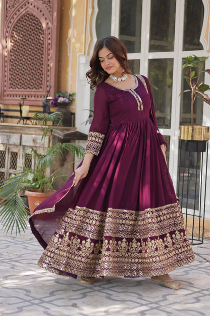 Shimmer Vichitra with Rich Sequins Embroidered work Classic Dark Peach Color