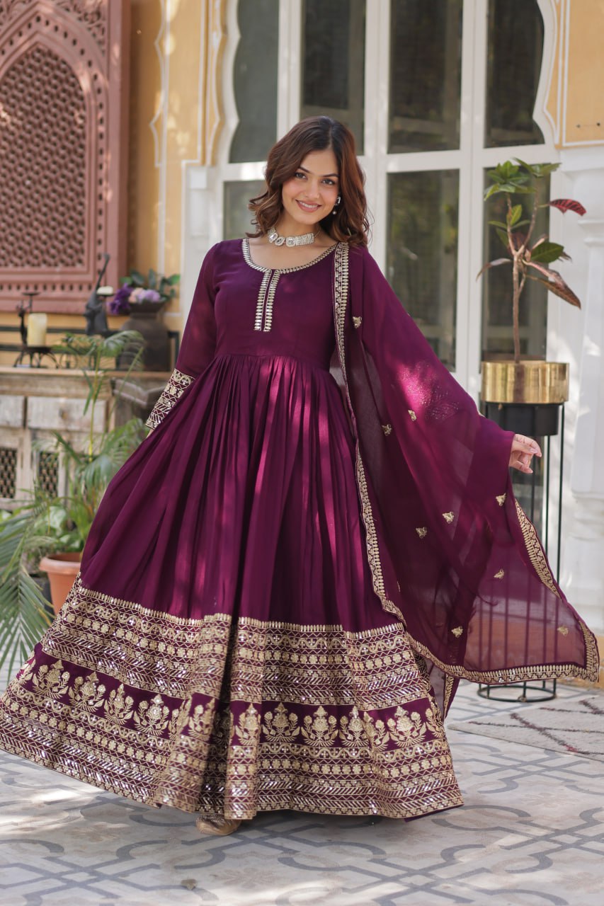 Shimmer Vichitra with Rich Sequins Embroidered work Classic Dark Peach Color
