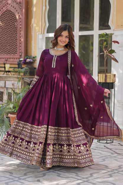 Shimmer Vichitra with Rich Sequins Embroidered work Classic Dark Peach Color