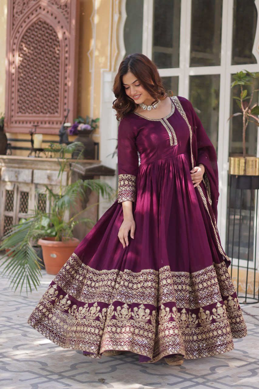 Shimmer Vichitra with Rich Sequins Embroidered work Classic Dark Peach Color