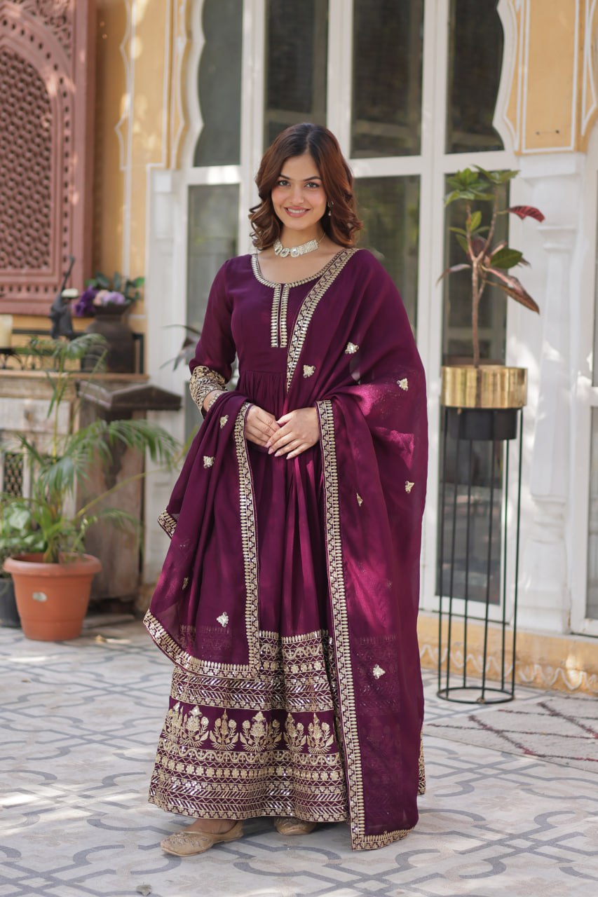 Shimmer Vichitra with Rich Sequins Embroidered work Classic Dark Peach Color