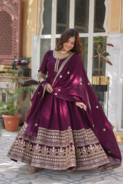 Shimmer Vichitra with Rich Sequins Embroidered work Classic Dark Peach Color