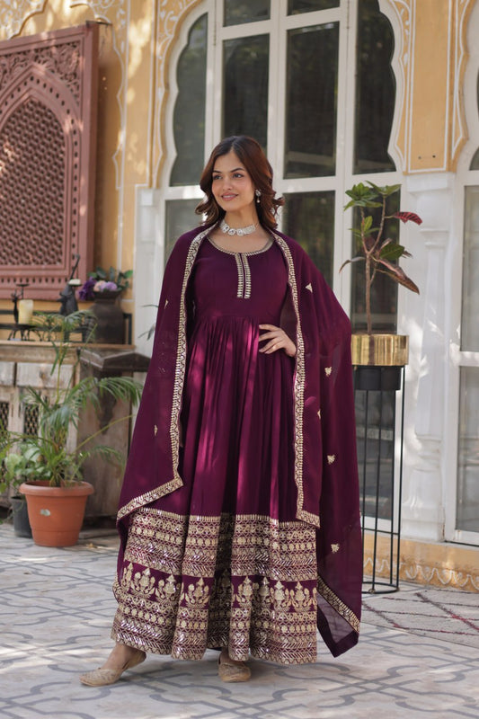 Shimmer Vichitra with Rich Sequins Embroidered work Classic Dark Peach Color