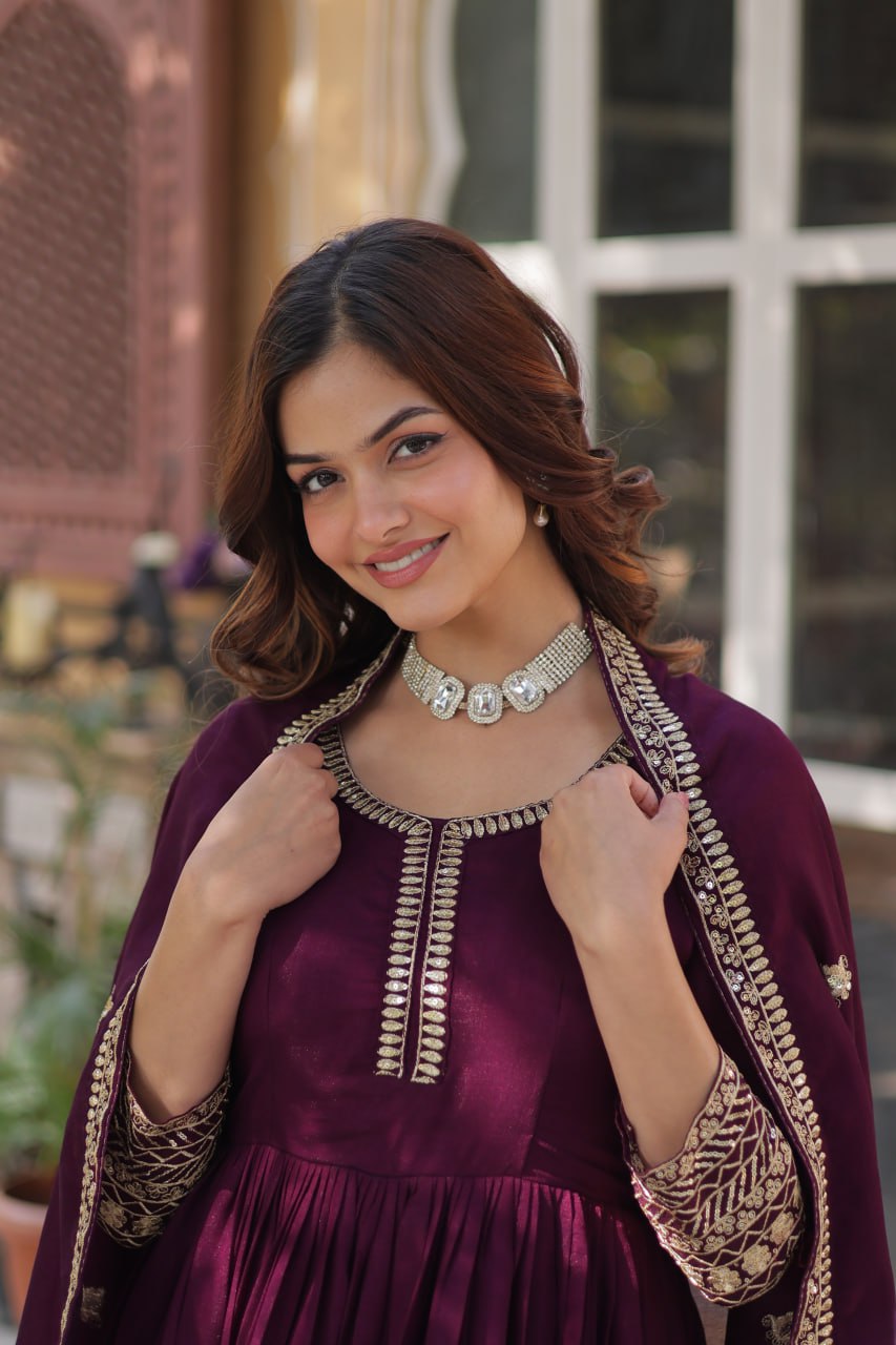 Shimmer Vichitra with Rich Sequins Embroidered work Classic Dark Peach Color
