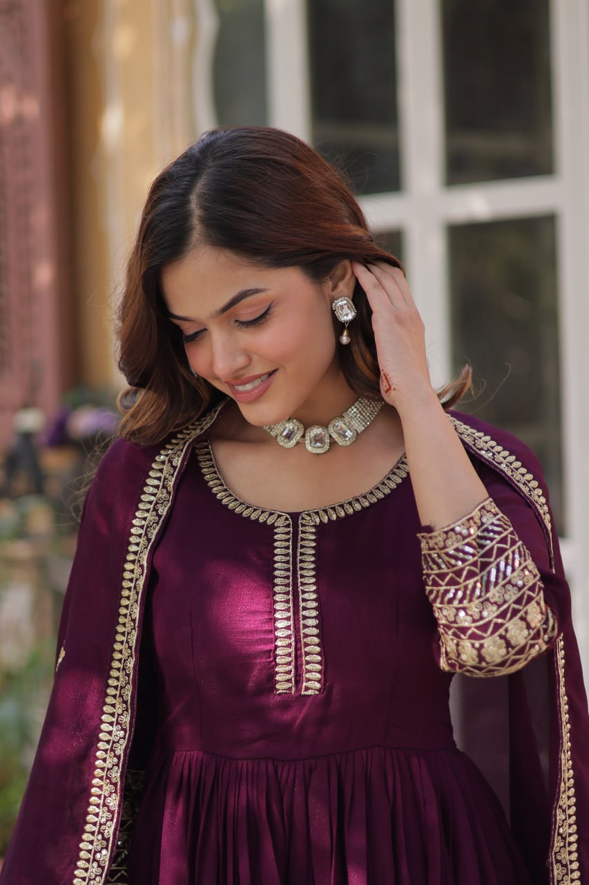 Shimmer Vichitra with Rich Sequins Embroidered work Classic Dark Peach Color