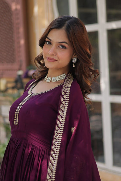 Shimmer Vichitra with Rich Sequins Embroidered work Classic Dark Peach Color