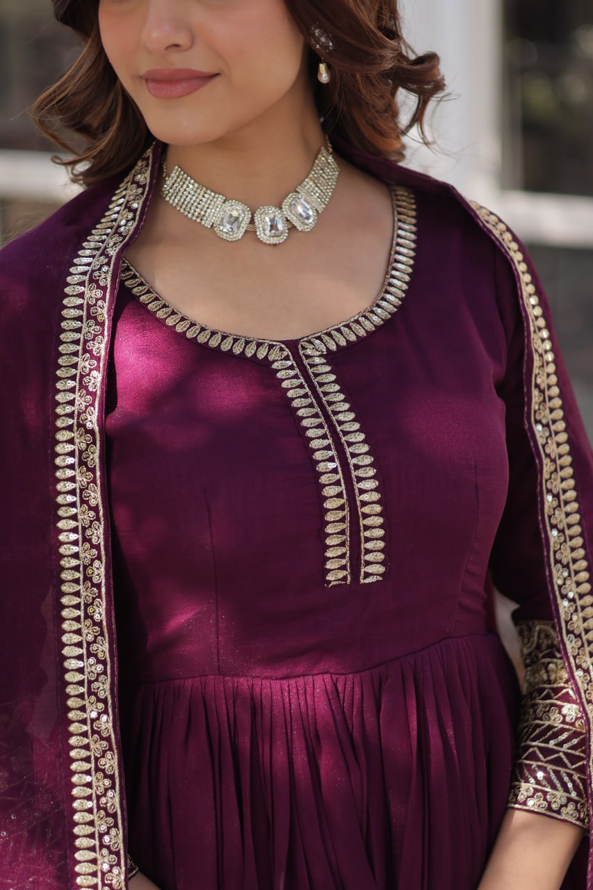 Shimmer Vichitra with Rich Sequins Embroidered work Classic Dark Peach Color