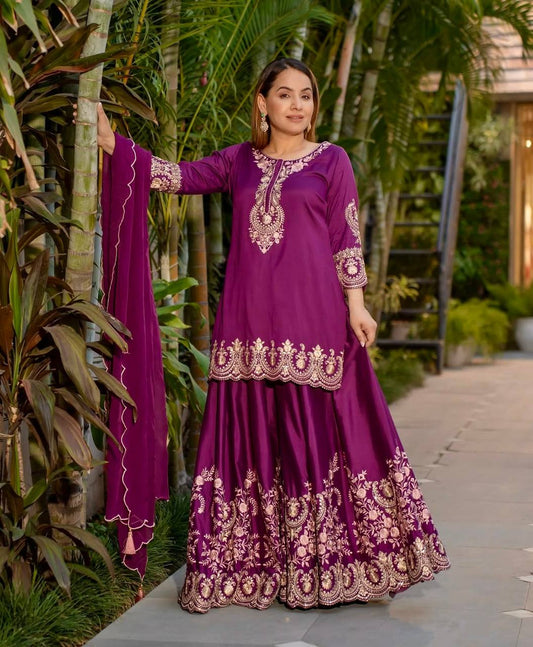 Pure Heavy Natural Crepe Silk with Heavy Embroidery & Fancy Latkan Dori Sleeves