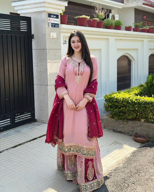 Women’s Designer Party Outfit – Top, Palazzo & Dupatta Set