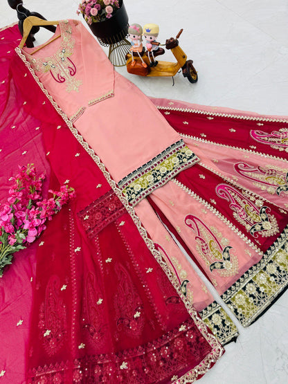 Women’s Designer Party Outfit – Top, Palazzo & Dupatta Set