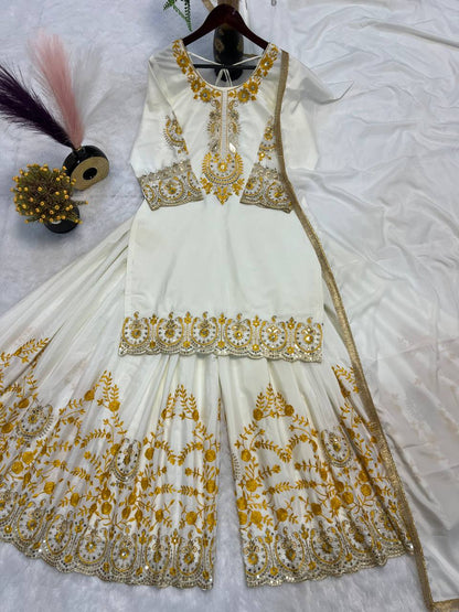 Pure Heavy Natural Crepe Silk with Heavy Embroidery & Fancy Latkan Dori Sleeves