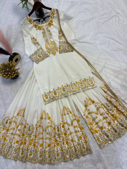 Pure Heavy Natural Crepe Silk with Heavy Embroidery & Fancy Latkan Dori Sleeves