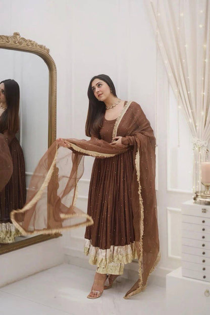 Royal Grace: Fully Stitched Moti Embellished Gown with Net Dupatta