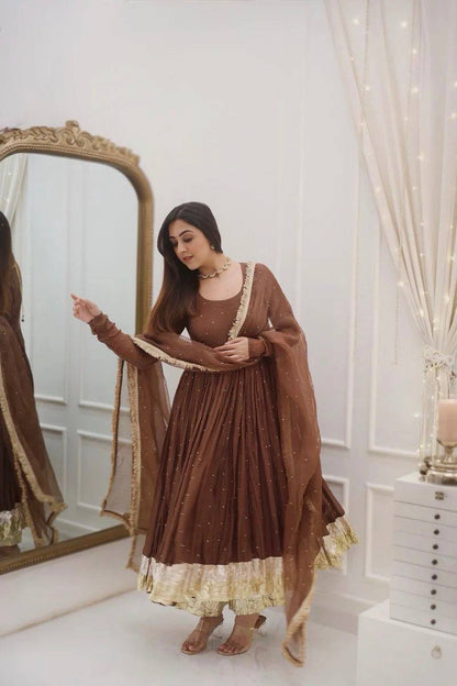 Royal Grace: Fully Stitched Moti Embellished Gown with Net Dupatta