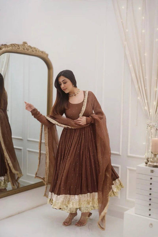 Royal Grace: Fully Stitched Moti Embellished Gown with Net Dupatta