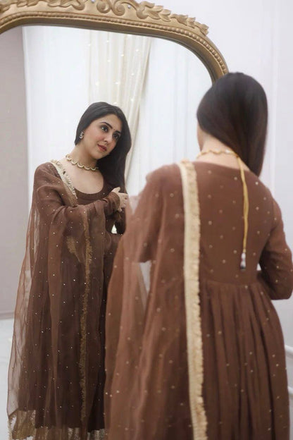 Royal Grace: Fully Stitched Moti Embellished Gown with Net Dupatta
