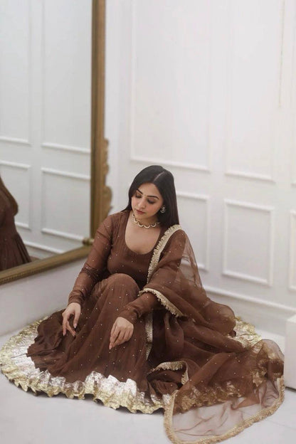 Royal Grace: Fully Stitched Moti Embellished Gown with Net Dupatta