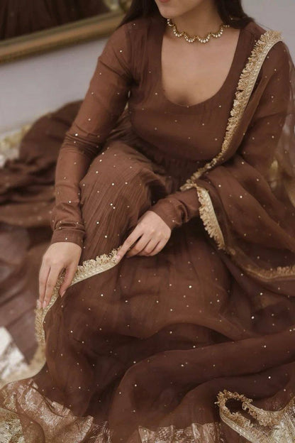 Royal Grace: Fully Stitched Moti Embellished Gown with Net Dupatta