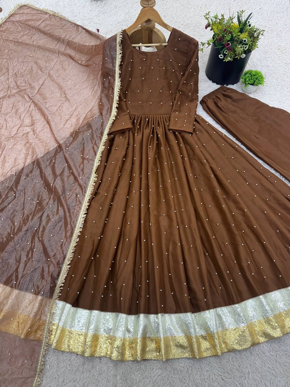 Royal Grace: Fully Stitched Moti Embellished Gown with Net Dupatta