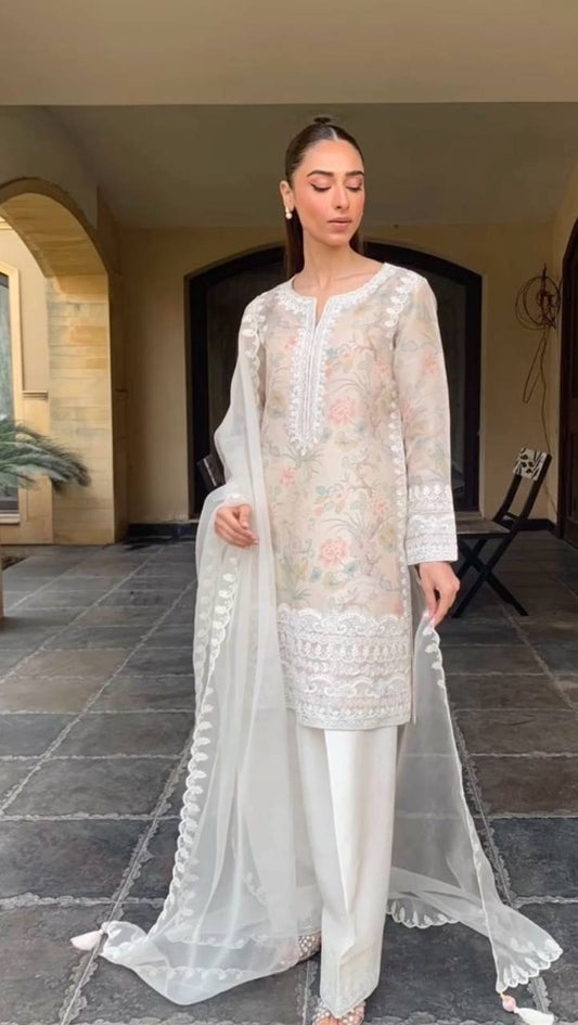 Dream Weave: Organza Silk Top with Lace Dupatta & Crepe Pants