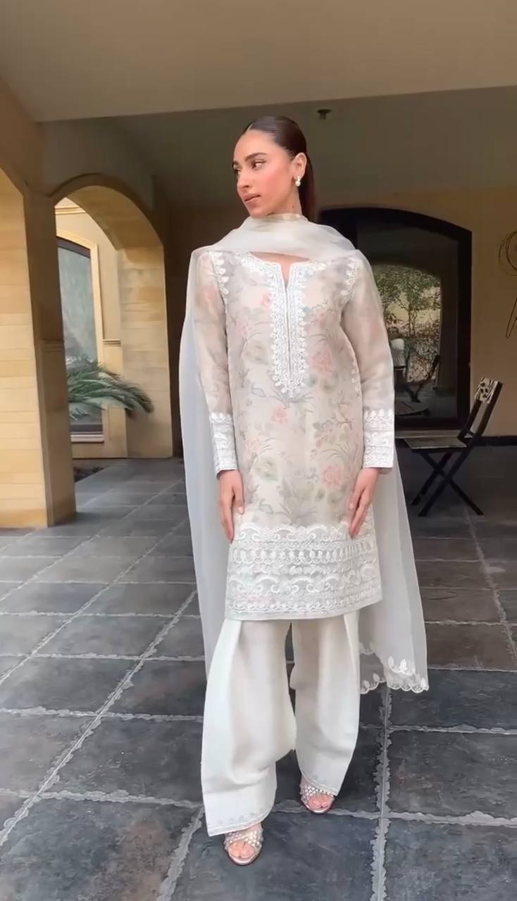 Dream Weave: Organza Silk Top with Lace Dupatta & Crepe Pants