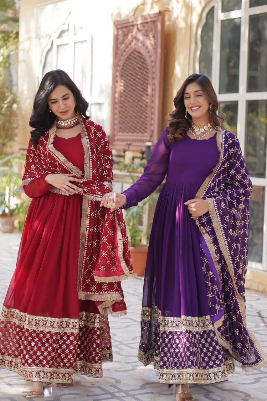 Georgette Embroidered Anarkali Kurti with Dupatta