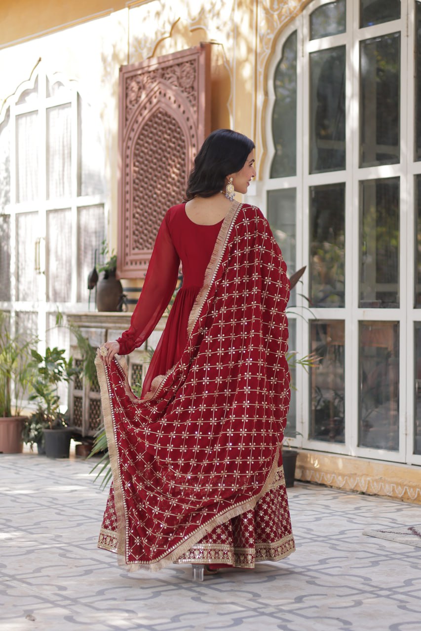 Georgette Red Color Embroidered Anarkali Kurti with Dupatta