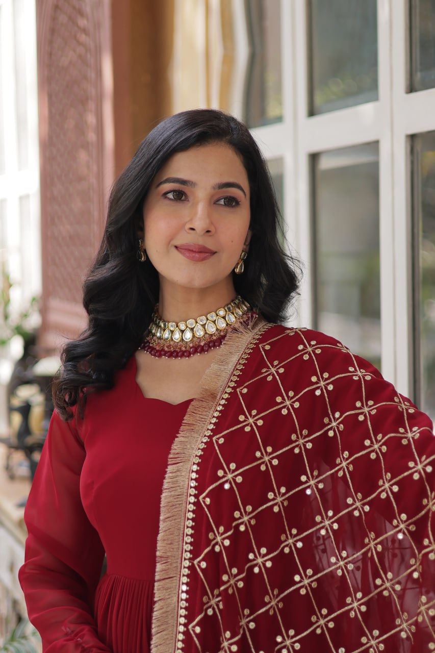 Georgette Red Color Embroidered Anarkali Kurti with Dupatta