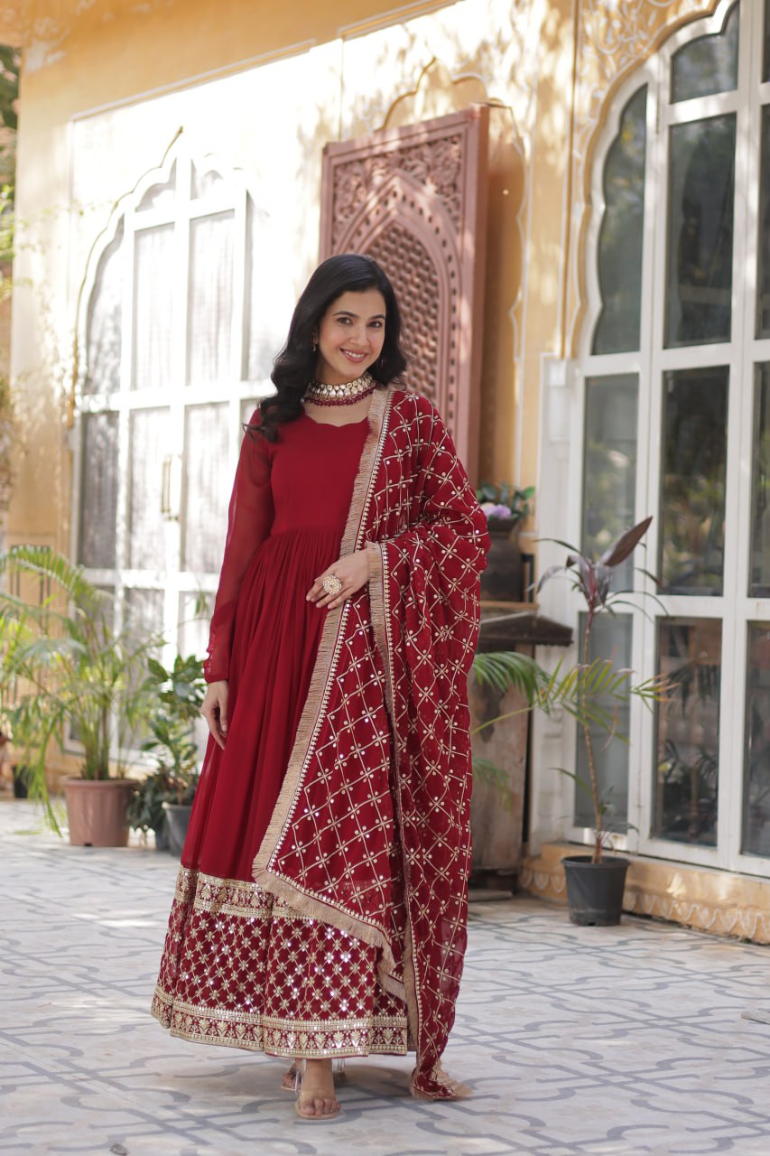Georgette Red Color Embroidered Anarkali Kurti with Dupatta