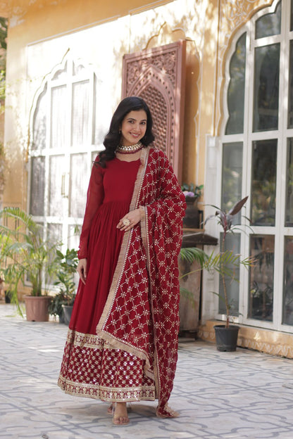 Georgette Red Color Embroidered Anarkali Kurti with Dupatta