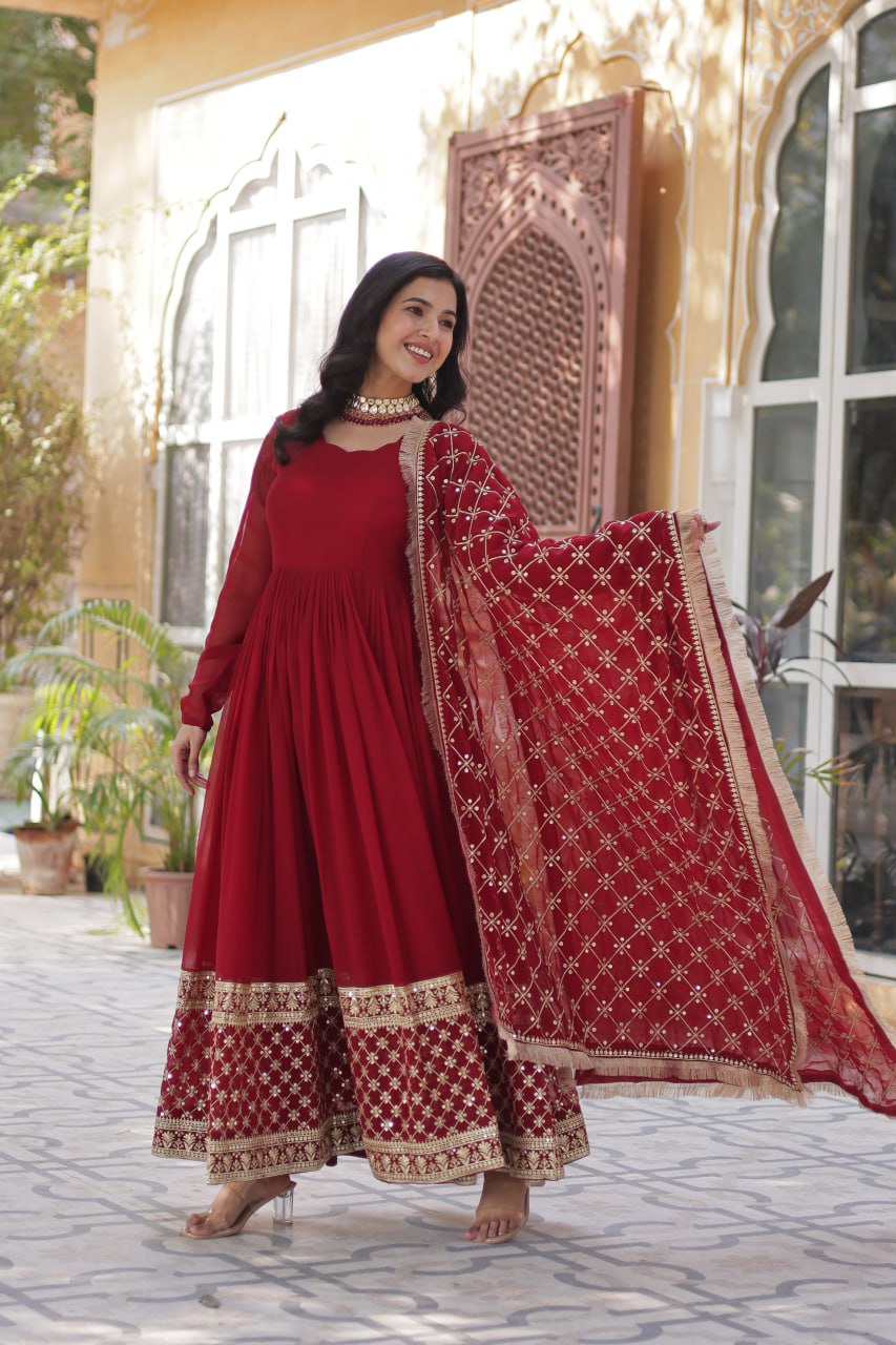 Georgette Red Color Embroidered Anarkali Kurti with Dupatta