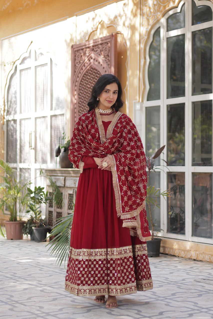 Georgette Red Color Embroidered Anarkali Kurti with Dupatta