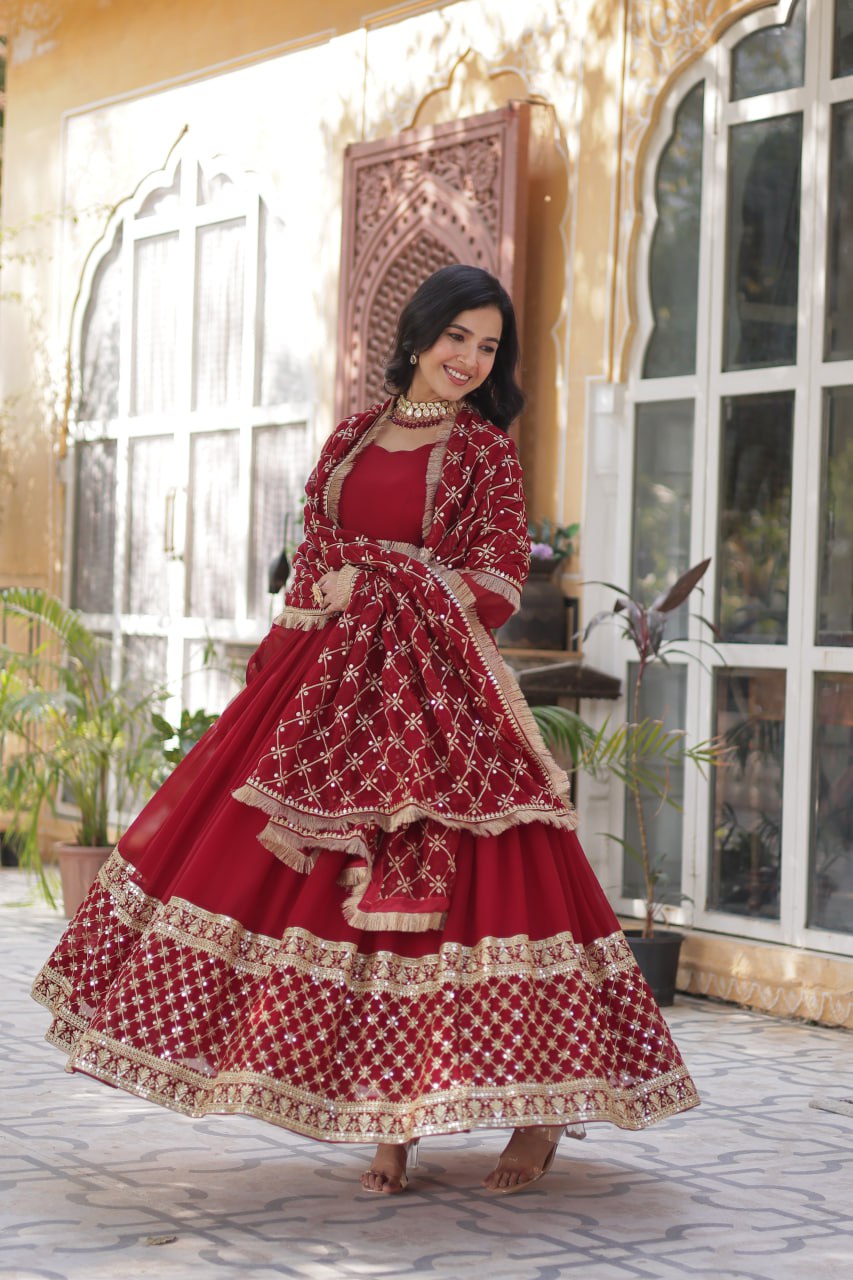 Georgette Red Color Embroidered Anarkali Kurti with Dupatta