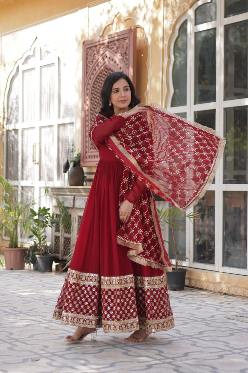 Georgette Red Color Embroidered Anarkali Kurti with Dupatta