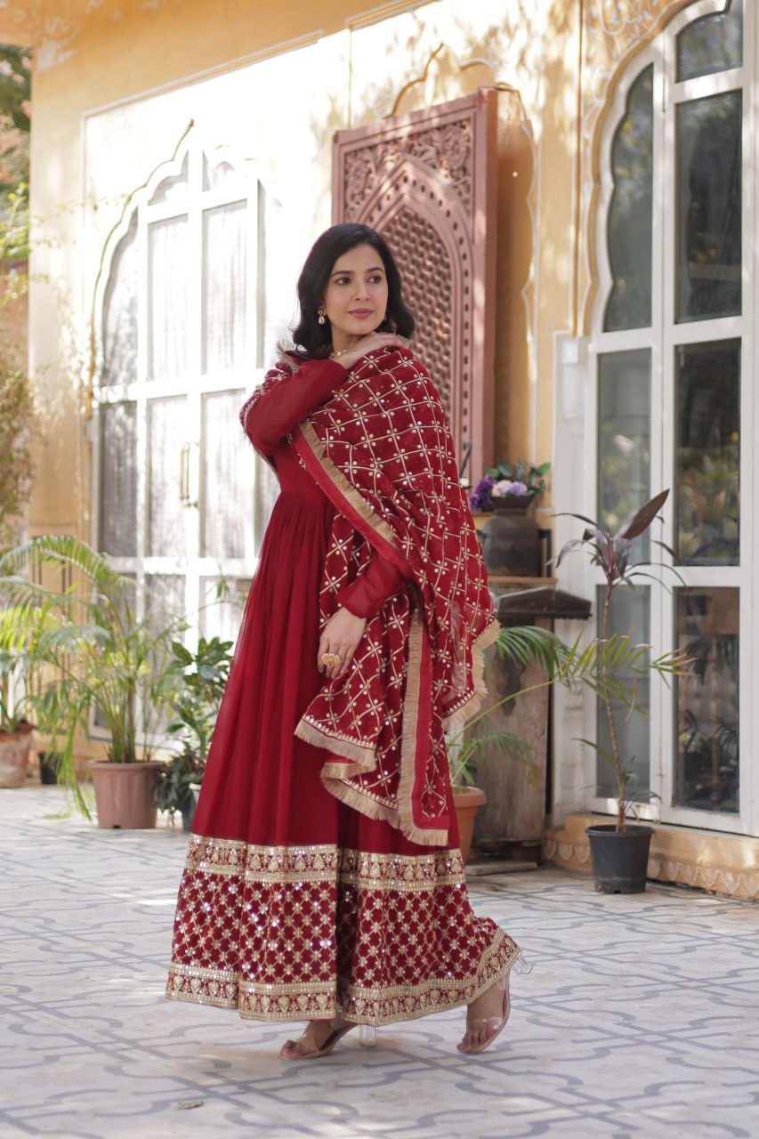 Georgette Red Color Embroidered Anarkali Kurti with Dupatta