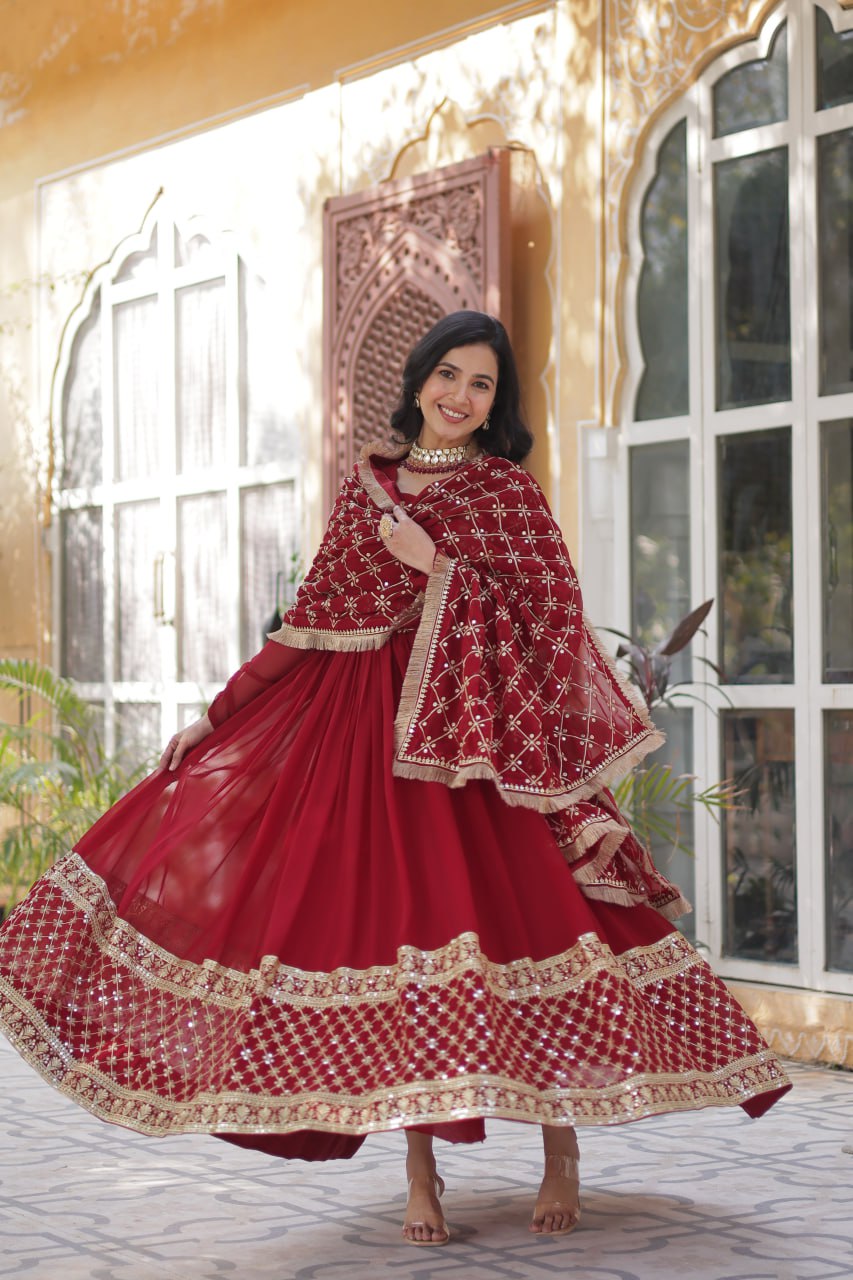 Georgette Red Color Embroidered Anarkali Kurti with Dupatta