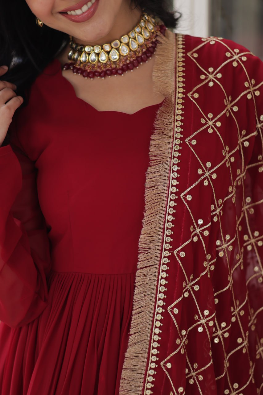 Georgette Red Color Embroidered Anarkali Kurti with Dupatta