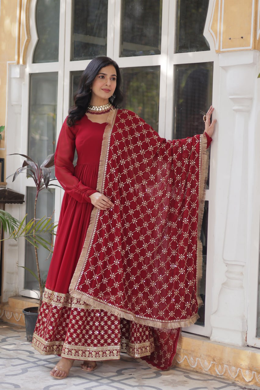 Georgette Red Color Embroidered Anarkali Kurti with Dupatta