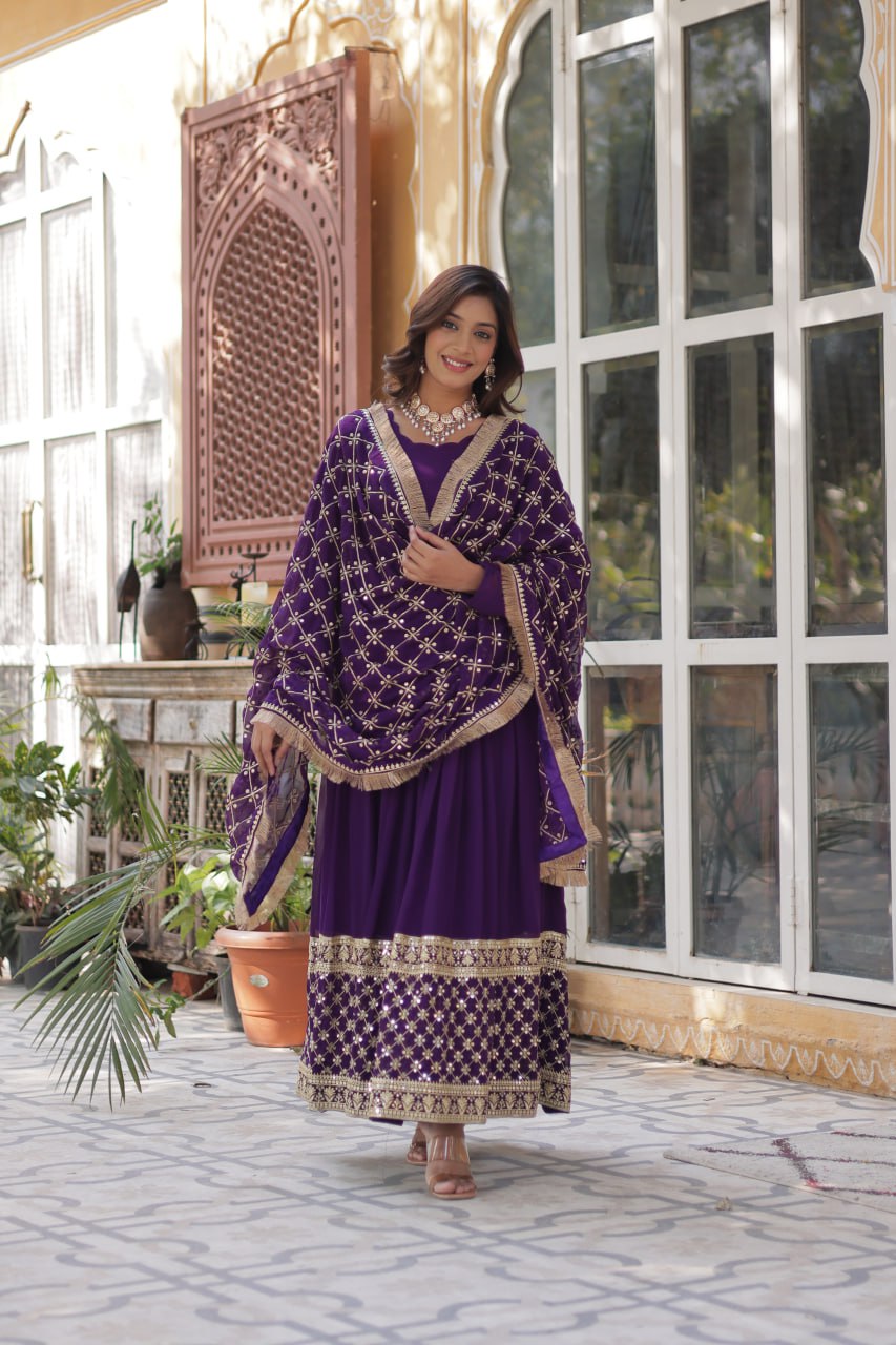 Georgette Purple Color Embroidered Anarkali Kurti with Dupatta