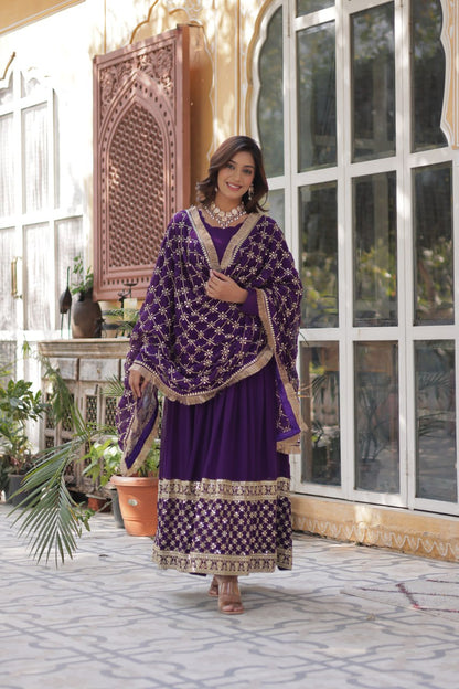 Georgette Purple Color Embroidered Anarkali Kurti with Dupatta
